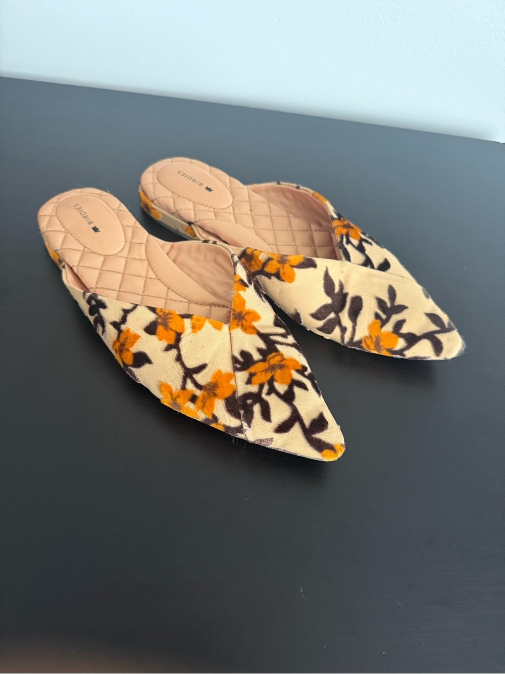 Birdies Pointed Floral Mules in Cream, Yellow and Black